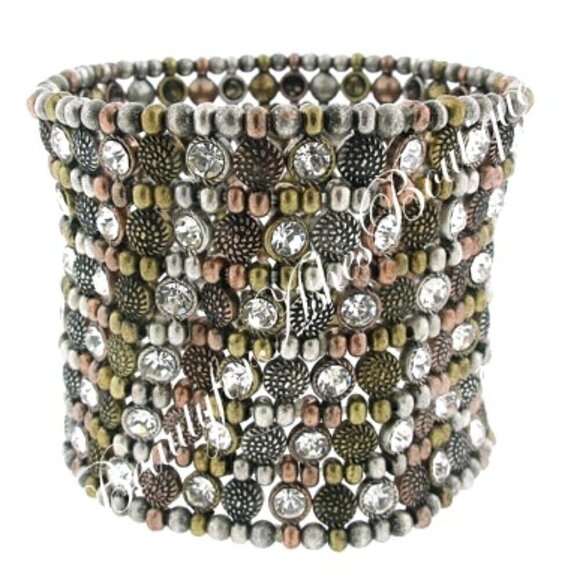 Wide Band Crystal Silver Bead Cuff TriTone Chunky Woman Warrior Stretch Bracelet - Picture 1 of 2